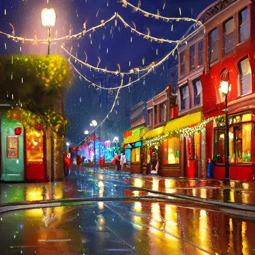 Image similar to a painting of a street corner in Haight neighborhood with a coffee shop covered in christmas lights, by Tyler Edlin, behance contest winner, american scene painting, concept art, streetscape, rainy, cozy