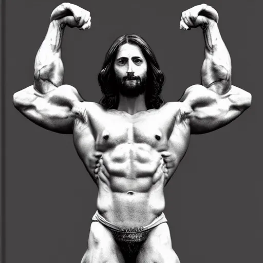 Image similar to jesus as a veiny body builder, extreme detail, 4k, realistic, photograph