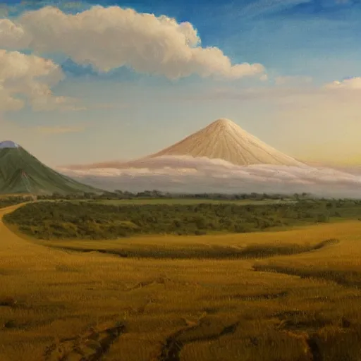 Prompt: painting of a vast field in a large medieval kingdom, dirt paths in various directions and a cattle ranch and a large castle visible in the distance, a volcanic mountain topped by a ring of smoke in the horizon, trending on artstation