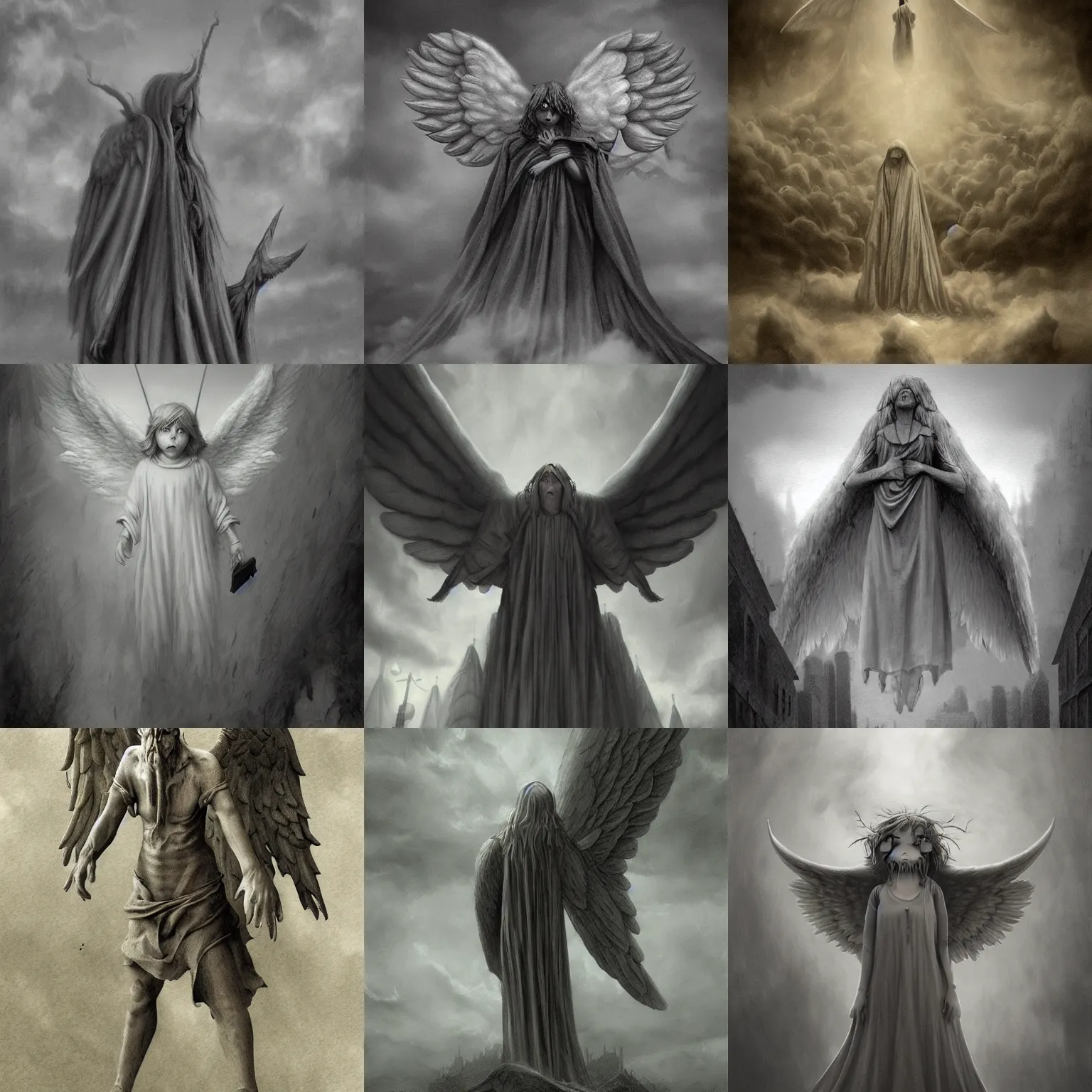 Prompt: a giant angel in the style of John Kenn Mortensen, realistic painting, high definition, digital art, matte painting, very detailed, realistic