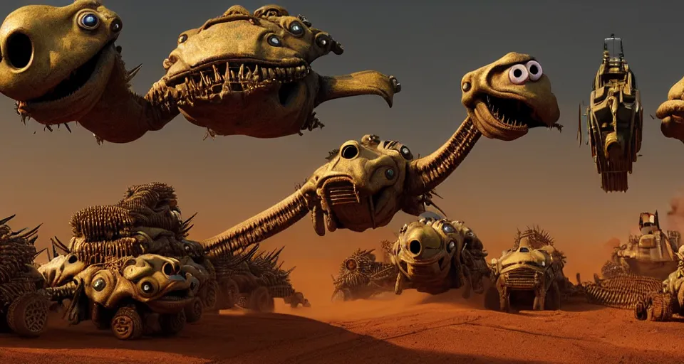 Prompt: pixar flying dinosaurs googly eyes, fury road, a 1 0 warthog, warm colored highly detailed cinematic scifi render of 3 d sculpt of spiked gears of war skulls jabbas palace cybertron, military chris foss, smelting pit'beeple, halo, star citizen, halo, mass effect, flying in sky