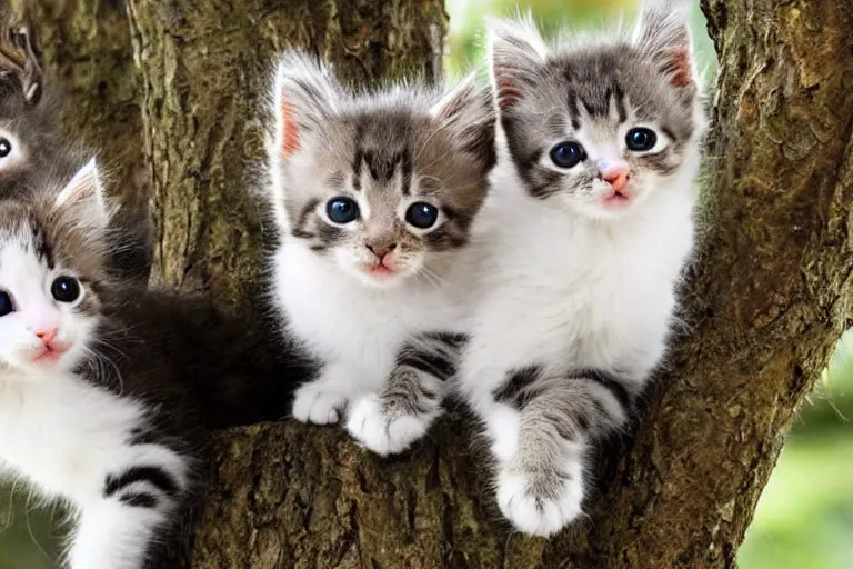 Image similar to kittens that are in a tree and the kittens are looking directly into the camera