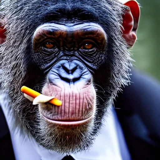 Image similar to a high detail shot of a chimp wearing a suit and smoking