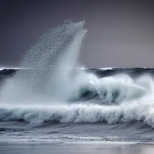 Prompt: A realistic photo of a big water wave, water particles, foggy landscape, stormy clouds