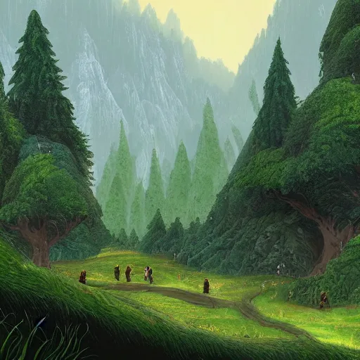 Prompt: a valley with tall trees and two hobbits walking through the forest in the style of J.R.R Tolkien