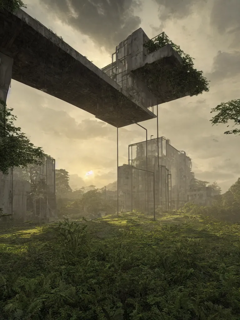 Prompt: a high magnificent abandoned building, surrounded by lush green vegetation, stunning volumetric lighting, sunset, solid concrete, stunning skies, trending on Artstation, 8k, photorealistic, hyper detailed, unreal engine 5, IMAX quality, cinematic, epic lighting, in the style of DOOM and Quake and Le Corbusier and Greg Rutkowski