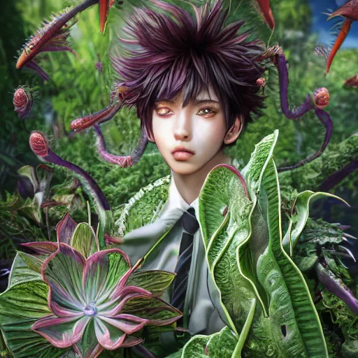 Prompt: the portrait of a beautiful, elegant, succulent venus flytrap man, hyperrealistic anime illustration by iralki nadar, extremely detailed intricate linework, reflective eyes, smooth, super sharp focus, bright colors, high contrast, matte, octopath traveler, unreal engine 5 highly rendered, global illumination, radiant light, 8 k