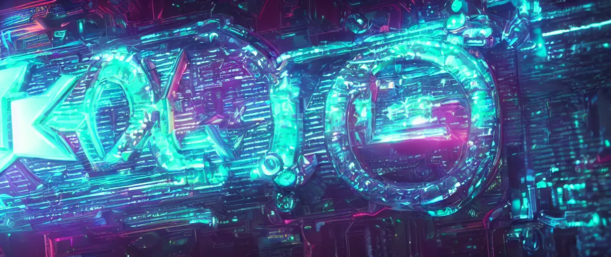 Image similar to cyberpunk holographic logo, futuristic, in the style of Pixar animation, low angle view, 16mm lens, award winning, hyper detailed, dramatic lighting, artstation, octane renderer, unreal engine