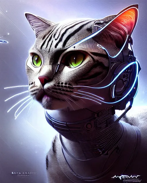 Prompt: A cyborg cat, highly detailed, intricate robotic and electronic patterns, sharp focus, art by Artgerm and Greg Rutkowski and WLOP