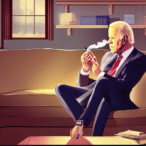 Image similar to joe biden smoking a giant smokey joint while sitting on a couch in a messed up apartment, stoned eyes, smoke, beautiful digital art, amazing detail, artstation, award winning, sharp