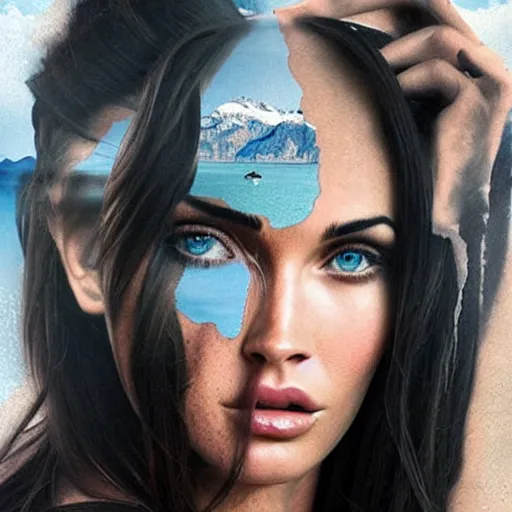 Prompt: hyper realism tattoo design of megan fox face double exposure effect with beautiful mountain scenery, in the style of matteo pasqualin, amazing detail, sharp, faded