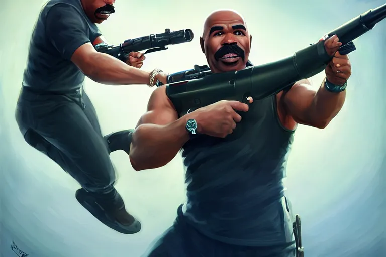 Prompt: portrait of steve harvey with a rocket launcher, attacking family fued, charlie bowater, artgerm, ilya kuvshinov, krenz cushart, ruan jia, realism, ultra detailed, 8 k resolution