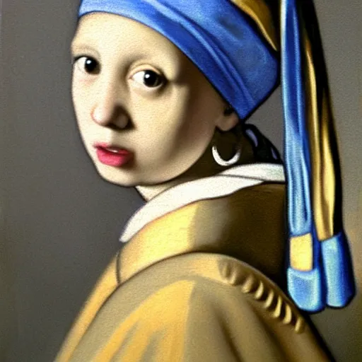 Image similar to a portrait of a young girl wearing a pearl earring. The girl is looking over her shoulder at the viewer with a sly expression on her face. naturalistic style with soft, muted colors. The girl's face is the only part of the painting that is in sharp focus. The rest of the painting is done in a soft, blurry style. The girl's face is lit from the left, creating a soft, halo-like effect around her head. The pearl earring is the only source of light in the painting. an oil tronie painting by Johannes Vermeer.