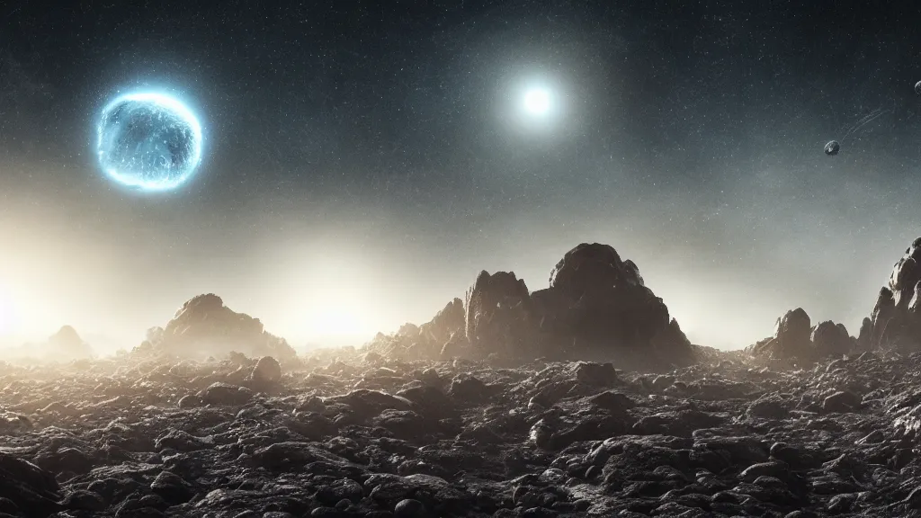 Image similar to alien planet, alien monster, large lovecraftian monster extra terrestrial, dark, moody, 3 moons, night sky shot, asteroids and meteor shower, 8 k, 4 k, unreal, high octane render