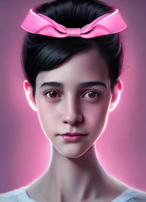 Image similar to portrait of teenage girl, realistic, black hair, bangs, half updo hairstyle, pointy nose, skinny, smile, ugly, defined jawline, big chin, pink hair bow, earrings, intricate, elegant, glowing lights, highly detailed, digital painting, artstation, sharp focus, illustration, art by wlop, mars ravelo and greg rutkowski