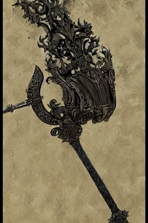 Image similar to a concept art of a great medieval axe with intricate design, concept art in style of Greg Rutkowski, painted by Frank Frazetta, John Singer Sargant