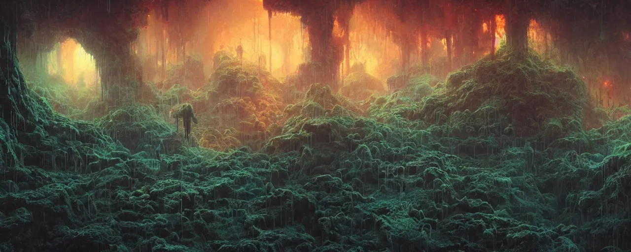 Image similar to ” fog, mycelium, roots, deep cavern, [ moist, wet, dripping, cinematic, detailed, epic, widescreen, opening, establishing, mattepainting, photorealistic, realistic textures, octane render, art by paul lehr ] ”