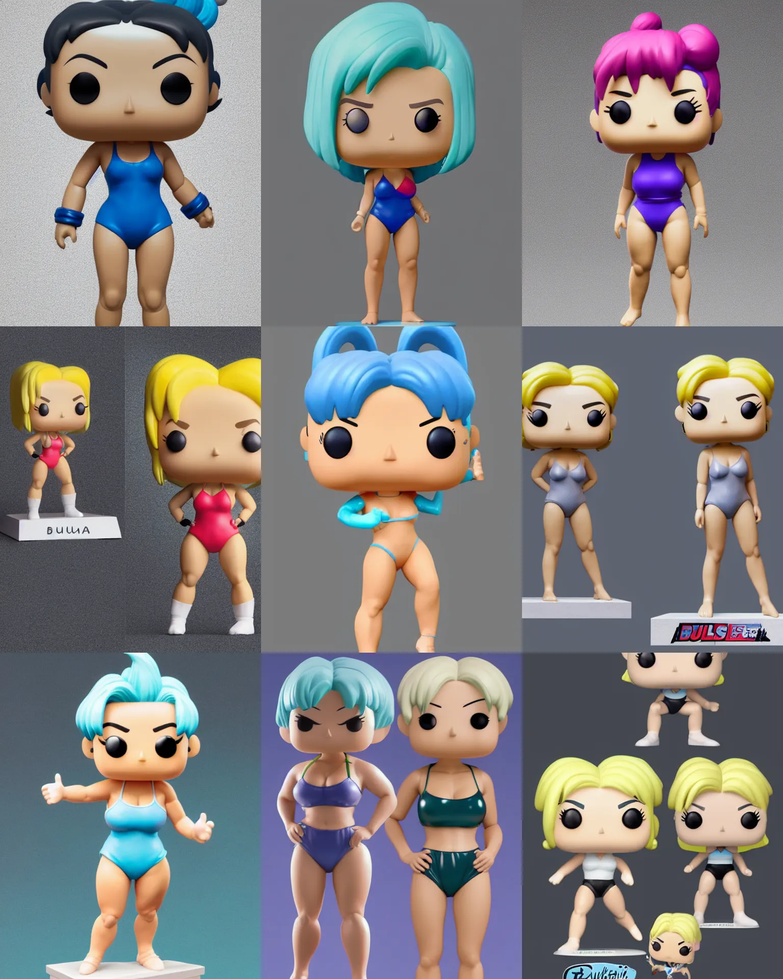 Prompt: full body 3 d render of bulma in swimsuit as a funko pop!, studio lighting, grey background, single body, no shadow, blender, trending on artstation, 8 k, highly detailed