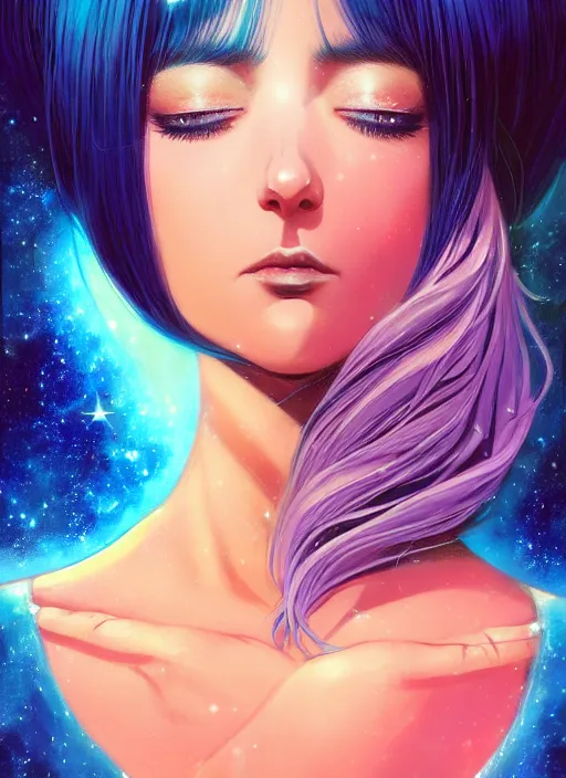 Image similar to a comic portrait of an cosmic goddess with starry hair, fine - face, realistic shaded perfect face, fine details, jewelry, night setting. very anime style. realistic shaded lighting poster by ilya kuvshinov katsuhiro, magali villeneuve, artgerm, jeremy lipkin and michael garmash, rob rey and kentaro miura style, trending on art station