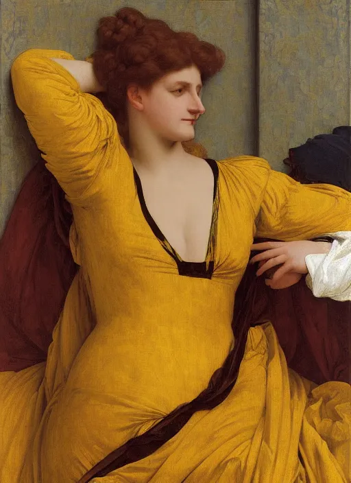 Image similar to portrait of lady reclining on bed wearing yellow ochre ornate medieval dress, foreshortening, colour photography by frederic leighton, william morris, 8 k