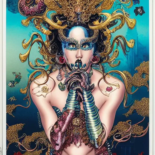 Image similar to portrait of crazy girl wearing venetian mask, symmetrical, by yoichi hatakenaka, masamune shirow, josan gonzales and dan mumford, ayami kojima, takato yamamoto, barclay shaw, karol bak, yukito kishiro