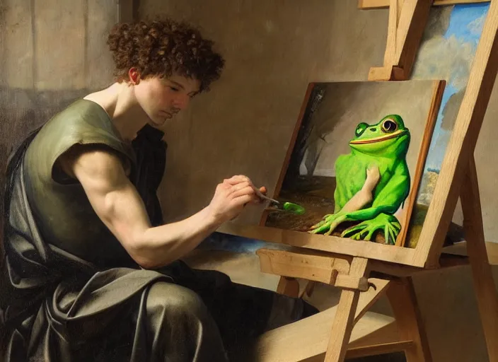 Image similar to a young painter in his studio painting a picture of pepe the frog, by edgar maxence and caravaggio and michael whelan and delacroix style, artistic, intricate drawing, cinematic lighting, hyper realistic, extremely detailed, establishing shot, 8 k resolution, dramatic lighting