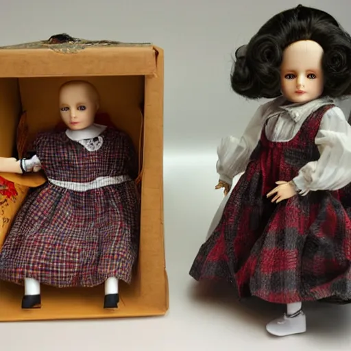 Image similar to new doll line based on the brothers grim storys, photography, advertising, promotional, in box, high quality dolls.