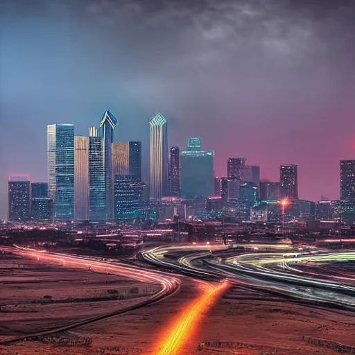 Image similar to dystopian and bleak Dallas skyline, bladerunner 2049 cyberpunk style, highly detailed photograph