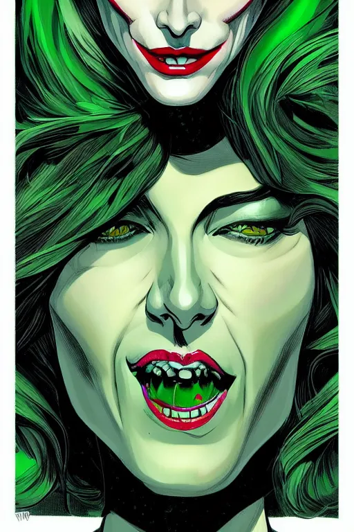 Prompt: Wicked witch of the west margot robbie, style of Joshua Middleton comic book art Nick Dragotta comic art, black and green eyes, symmetrical face, symmetrical eyes, scary smile, full body, dark green dress
