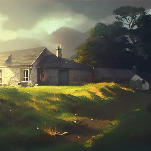 Image similar to small irish homestead in the countryside, 4 k, concept art, by wlop, ilya kuvshinov, artgerm, krenz cushart, greg rutkowski, pixiv. cinematic dramatic atmosphere, sharp focus, volumetric lighting, cinematic lighting, studio quality