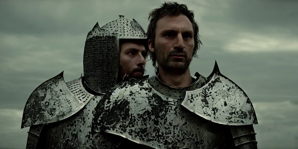 Image similar to film still of closeup the knight in shattered armor holds a bleeding heart by emmanuel lubezki