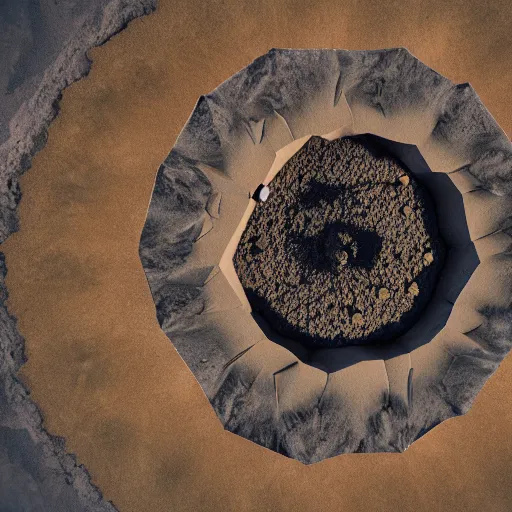 Image similar to octane render, texture, top down of a crater on the planet, cinematic lighting, hyperrealistic