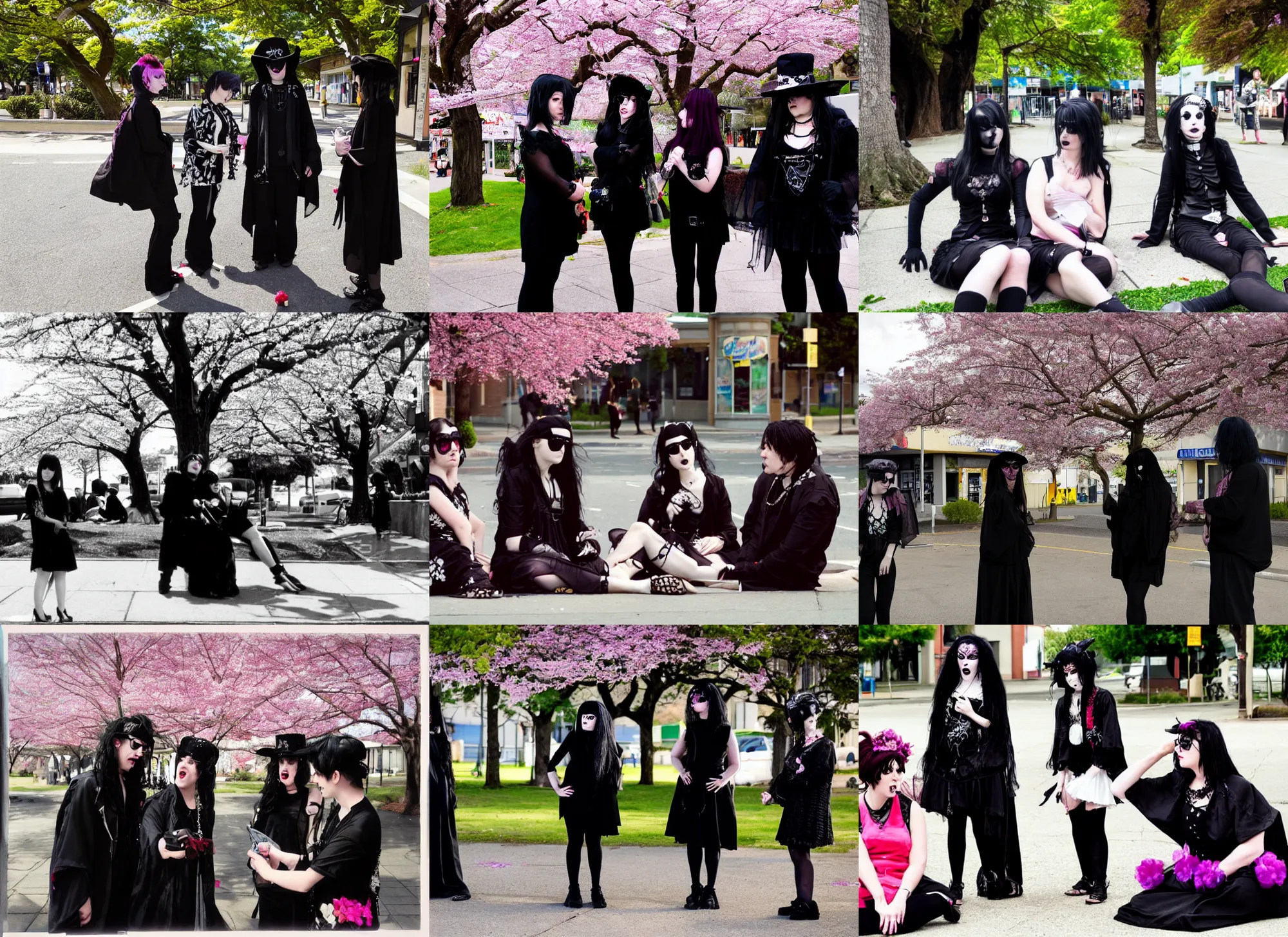 Prompt: three goths loiter in the shade, talking beneath a cherry blossom outside a blockbuster video store.