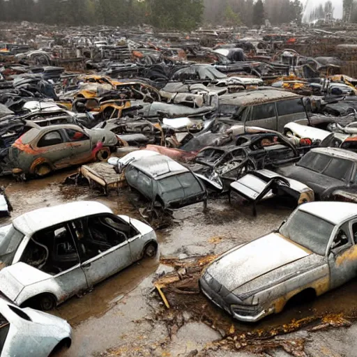 Prompt: dystopian salvage yard in the rain