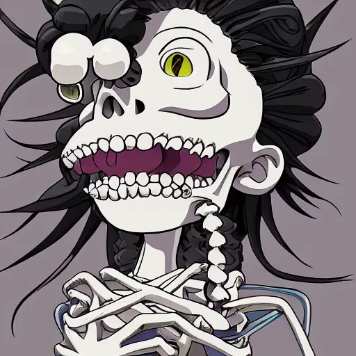 Image similar to manga fine details portrait of joyful skull girl, floeers in hair, marge simpson, skeleton. anime masterpiece by Studio Ghibli. 8k render, sharp high quality anime illustration in style of Ghibli, artstation