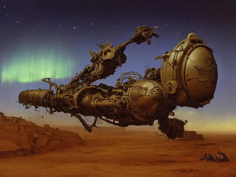 Prompt: an oil painting of an ancient dieselpunk spacecraft in the middle of an alien desert at dusk, aurora and stars light up the sky by beksinski carl spitzweg and tuomas korpi. baroque elements, full-length view. baroque element. intricate artwork by caravaggio. Trending on artstation. 8k