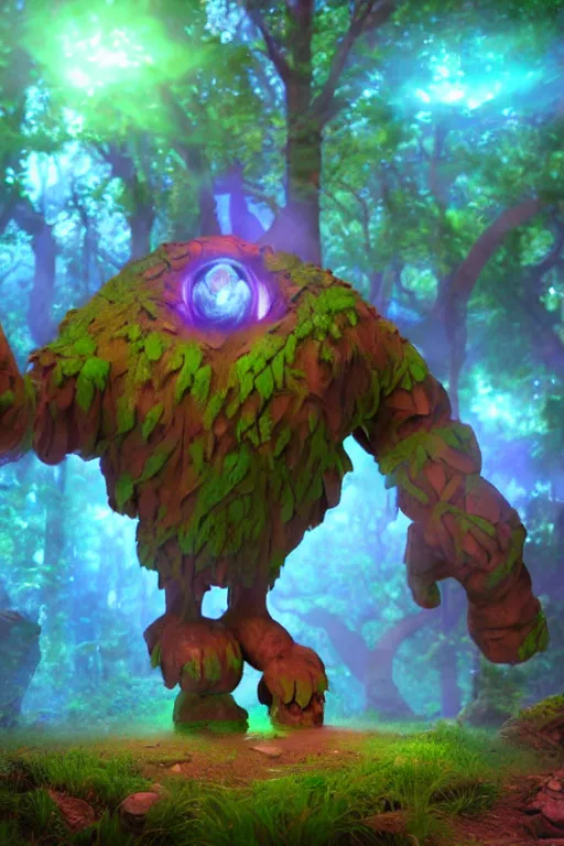 Image similar to arcane fantasy art giant golem elemental wood rock bastion forged gemstone enchanted forest troll, global illumination ray tracing hdr fanart arstation by sung choi and eric pfeiffer and gabriel garza and casper konefal lisa frank zbrush central hardmesh radiating a glowing aura