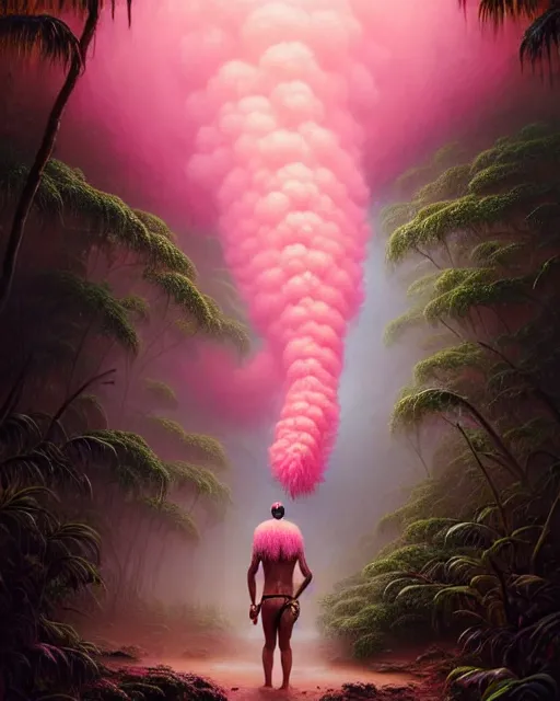 Image similar to a hyper - detailed 3 d render like an oil painting of tribe member portrait in a tropical forest with pink smoke!!!!! surreal concept art, lifelike, photorealistic, digital painting, aesthetic, smooth, sharp focus, artstation hd, by greg rutkowski, bruce pennington, valentina remenar, rhads, asher duran,