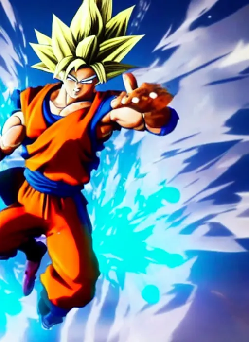 Image similar to game still of a sayan goku as a fortnite skin in fortnite, pose.