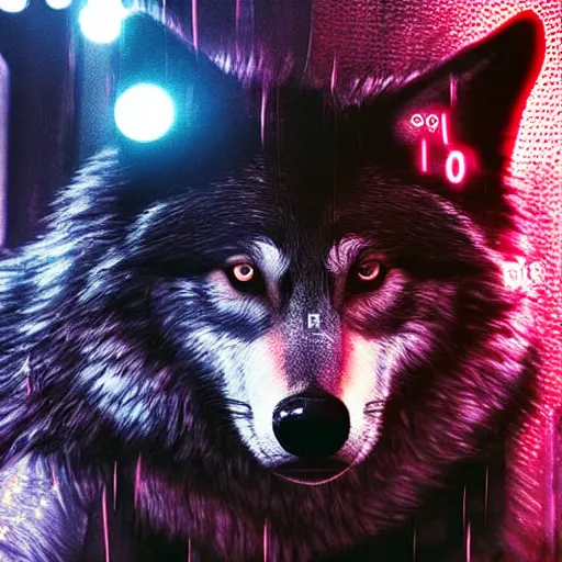 Prompt: portrait of wolf animal with cyberpunk gogles, realistic style of cyberpunk, editorial photography, neons, blade runner, futuristic style, bokeh and depth of field, award winning, establishing shot