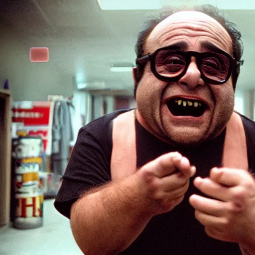 Prompt: zombie danny devito in fight club, anamorphic lens, cinestill colour