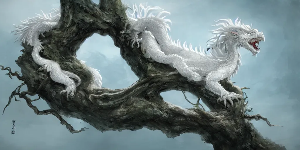 Prompt: a white chinese dragon lie on a old tree by yang qi 9 1 7, 4 k, matte paint, concept art, sharp detail, artstation