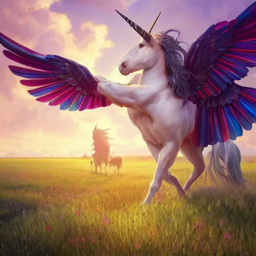 Image similar to a unicorn with wings eating in a field of marijuana, colorful sky, art by artgerm and greg rutkowski and alphonse mucha, concept art, octane render, unreal engine 5, highly detailed, high quality, 8 k, soft lighting, realistic face, path traced