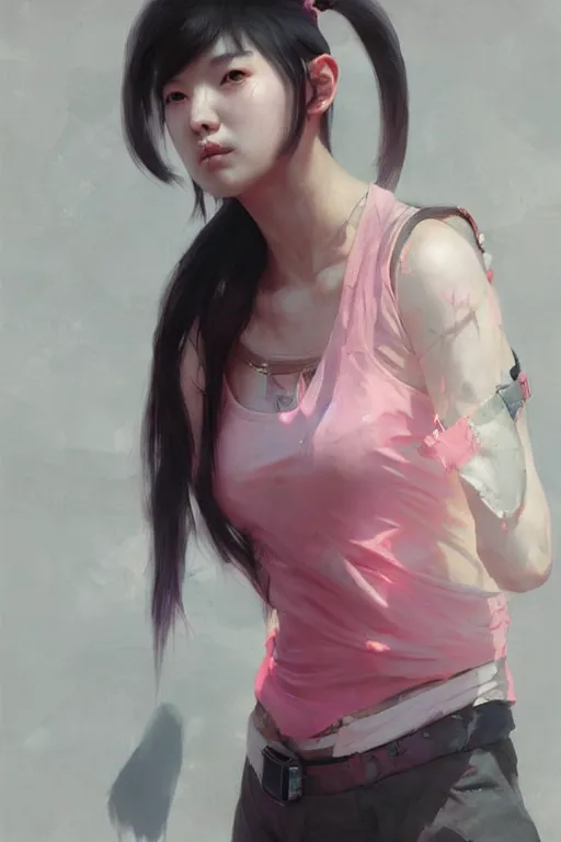 Image similar to Korean cyberpunk female with torn pink tank top, digital art from artstation by Ruan Jia and Mandy Jurgens and Artgerm and william-adolphe bouguereau