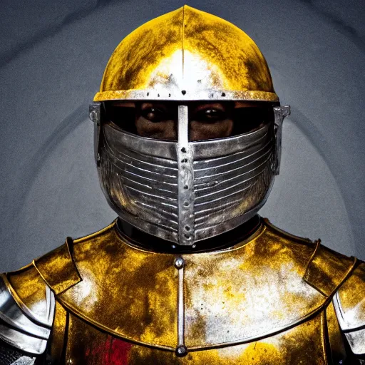 Image similar to portrait of a man as a knight in armour wearing an open helmet, studio lighting, dark textured background, photo realistic style, multiple lights, yellow ocre tint dominant, blue backlight, grunge and destructured after battle, scratches, marks on iron