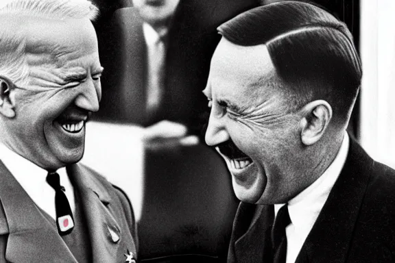 Image similar to “ very very intricate photorealistic photo of hitler and joe biden laughing together, detailed natural lighting, award - winning crisp details ”