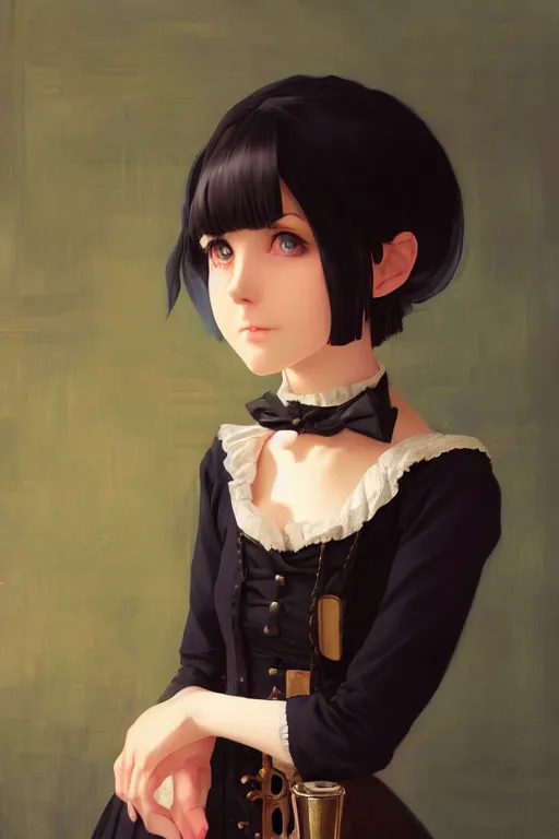 Image similar to a portrait of a cute young woman in a Victorian maid outfit with black bob cut hair, steampunk setting, vivid colors, soft lighting, atmospheric, cinematic, moody, in the style of Ilya Kuvshinov and Range Murata, Krenz Cushart, oil on canvas, 8k