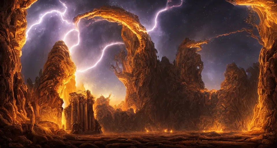 Prompt: beautiful detailed digital matte painting of a massive stone arched glowing electric nebula gateway portal with magic pouring out of it, carved vine-wrapped megalithic temple ruins, by Raphael LaCoste and Anato FinnStark and Robert Hubert and Justin Gerard, epic architecture, diffusive magic, carved stone, intricate detail, gothic, romanesque, futuristic, dark rainbow