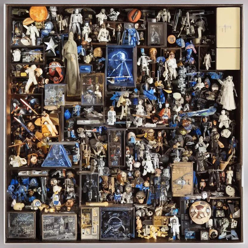 Image similar to a well - lit, detailed museum archive rich color photograph of a star wars memory box by joseph cornell, containing action figures, black and white photographs, and a star chart