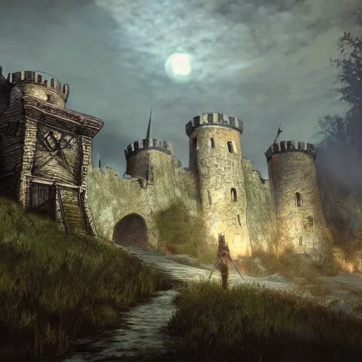 Image similar to witcher in the old castle, game scene graph, fantasy art